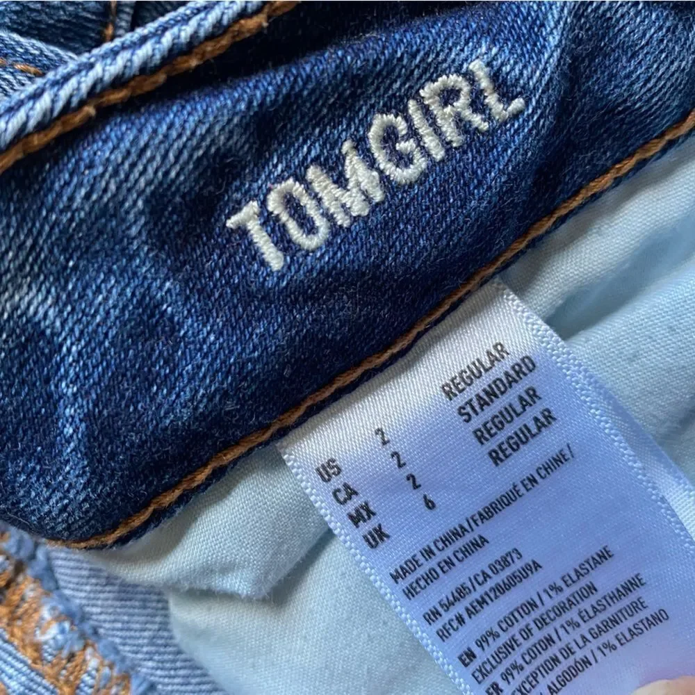 American Eagle Tomgirl Jeans Button‎ Fly Raw Ankle Hem Blue Stretch Distressed 2